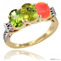 10K Yellow Gold Natural Peridot, Lemon Quartz & Coral Ring 3-Stone Oval 7x5 mm Diamond Accent