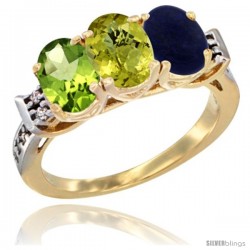 10K Yellow Gold Natural Peridot, Lemon Quartz & Lapis Ring 3-Stone Oval 7x5 mm Diamond Accent