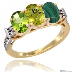 10K Yellow Gold Natural Peridot, Lemon Quartz & Malachite Ring 3-Stone Oval 7x5 mm Diamond Accent