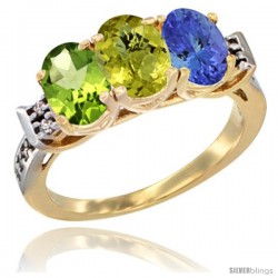 10K Yellow Gold Natural Peridot, Lemon Quartz & Tanzanite Ring 3-Stone Oval 7x5 mm Diamond Accent