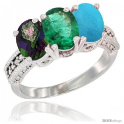 10K White Gold Natural Mystic Topaz, Emerald & Turquoise Ring 3-Stone Oval 7x5 mm Diamond Accent