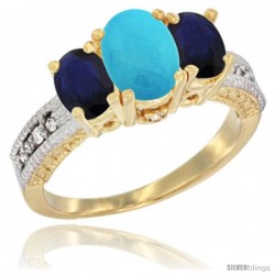 14k Yellow Gold Ladies Oval Natural Turquoise 3-Stone Ring with Blue Sapphire Sides Diamond Accent