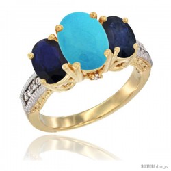 14K Yellow Gold Ladies 3-Stone Oval Natural Turquoise Ring with Blue Sapphire Sides Diamond Accent