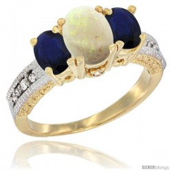 14k Yellow Gold Ladies Oval Natural Opal 3-Stone Ring with Blue Sapphire Sides Diamond Accent