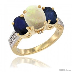 14K Yellow Gold Ladies 3-Stone Oval Natural Opal Ring with Blue Sapphire Sides Diamond Accent