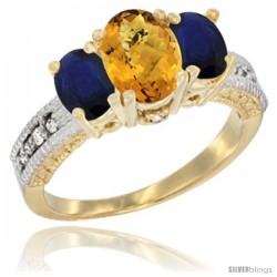 14k Yellow Gold Ladies Oval Natural Whisky Quartz 3-Stone Ring with Blue Sapphire Sides Diamond Accent