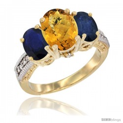 14K Yellow Gold Ladies 3-Stone Oval Natural Whisky Quartz Ring with Blue Sapphire Sides Diamond Accent