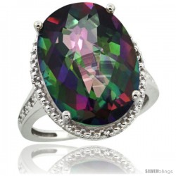 Sterling Silver Diamond Mystic Topaz Ring 13.56 Carat Oval Shape 18x13 mm, 3/4 in (20mm) wide