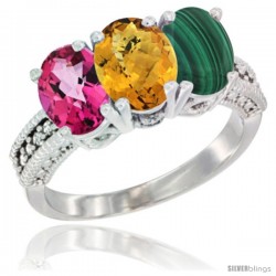 14K White Gold Natural Pink Topaz, Whisky Quartz & Malachite Ring 3-Stone 7x5 mm Oval Diamond Accent