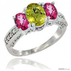 14k White Gold Ladies Oval Natural Lemon Quartz 3-Stone Ring with Pink Topaz Sides Diamond Accent