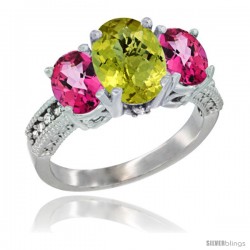 14K White Gold Ladies 3-Stone Oval Natural Lemon Quartz Ring with Pink Topaz Sides Diamond Accent