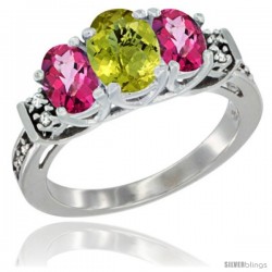 14K White Gold Natural Lemon Quartz & Pink Topaz Ring 3-Stone Oval with Diamond Accent