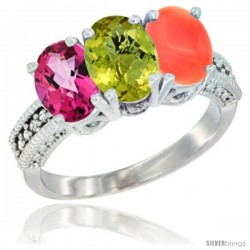 14K White Gold Natural Pink Topaz, Lemon Quartz & Coral Ring 3-Stone 7x5 mm Oval Diamond Accent