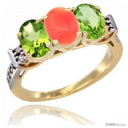 10K Yellow Gold Natural Coral & Peridot Sides Ring 3-Stone Oval 7x5 mm Diamond Accent