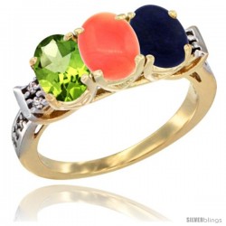 10K Yellow Gold Natural Peridot, Coral & Lapis Ring 3-Stone Oval 7x5 mm Diamond Accent