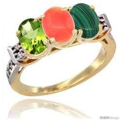 10K Yellow Gold Natural Peridot, Coral & Malachite Ring 3-Stone Oval 7x5 mm Diamond Accent