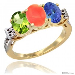 10K Yellow Gold Natural Peridot, Coral & Tanzanite Ring 3-Stone Oval 7x5 mm Diamond Accent