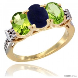 10K Yellow Gold Natural Lapis & Peridot Sides Ring 3-Stone Oval 7x5 mm Diamond Accent