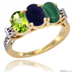 10K Yellow Gold Natural Peridot, Lapis & Malachite Ring 3-Stone Oval 7x5 mm Diamond Accent