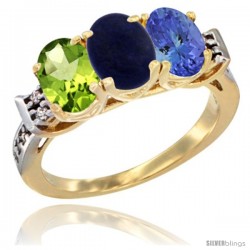 10K Yellow Gold Natural Peridot, Lapis & Tanzanite Ring 3-Stone Oval 7x5 mm Diamond Accent