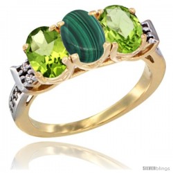 10K Yellow Gold Natural Malachite & Peridot Sides Ring 3-Stone Oval 7x5 mm Diamond Accent