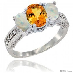 14k White Gold Ladies Oval Natural Citrine 3-Stone Ring with Opal Sides Diamond Accent