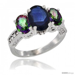 10K White Gold Ladies Natural Blue Sapphire Oval 3 Stone Ring with Mystic Topaz Sides Diamond Accent