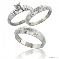 Sterling Silver Diamond Trio Wedding Ring Set His 5.5mm & Hers 4mm Rhodium finish