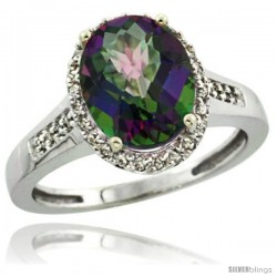 Sterling Silver Diamond Mystic Topaz Ring 2.4 ct Oval Stone 10x8 mm, 1/2 in wide