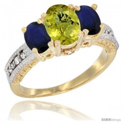 14k Yellow Gold Ladies Oval Natural Lemon Quartz 3-Stone Ring with Blue Sapphire Sides Diamond Accent