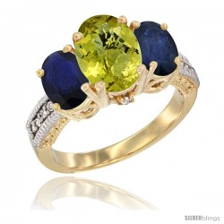 14K Yellow Gold Ladies 3-Stone Oval Natural Lemon Quartz Ring with Blue Sapphire Sides Diamond Accent