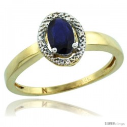 14k Yellow Gold Diamond Halo Quality Blue Sapphire Ring 0.64 Carat Oval Shape 6X4 mm, 3/8 in (9mm) wide