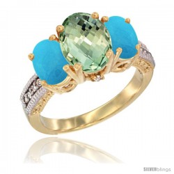 14K Yellow Gold Ladies 3-Stone Oval Natural Green Amethyst Ring with Turquoise Sides Diamond Accent