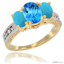 14k Yellow Gold Ladies Oval Natural Swiss Blue Topaz 3-Stone Ring with Turquoise Sides Diamond Accent