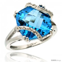 10k White Gold Diamond Swiss Blue Topaz Ring 7.5 ct Cushion Cut 12 mm Stone, 1/2 in wide