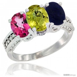 14K White Gold Natural Pink Topaz, Lemon Quartz & Lapis Ring 3-Stone 7x5 mm Oval Diamond Accent