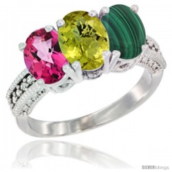 14K White Gold Natural Pink Topaz, Lemon Quartz & Malachite Ring 3-Stone 7x5 mm Oval Diamond Accent