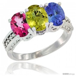 14K White Gold Natural Pink Topaz, Lemon Quartz & Tanzanite Ring 3-Stone 7x5 mm Oval Diamond Accent