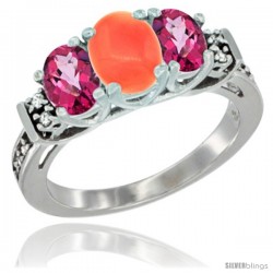 14K White Gold Natural Coral & Pink Topaz Ring 3-Stone Oval with Diamond Accent