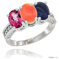 14K White Gold Natural Pink Topaz, Coral & Lapis Ring 3-Stone 7x5 mm Oval Diamond Accent