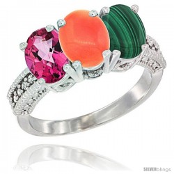 14K White Gold Natural Pink Topaz, Coral & Malachite Ring 3-Stone 7x5 mm Oval Diamond Accent