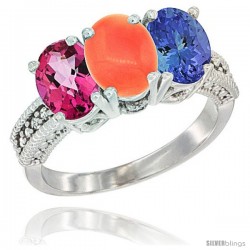 14K White Gold Natural Pink Topaz, Coral & Tanzanite Ring 3-Stone 7x5 mm Oval Diamond Accent