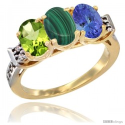 10K Yellow Gold Natural Peridot, Malachite & Tanzanite Ring 3-Stone Oval 7x5 mm Diamond Accent