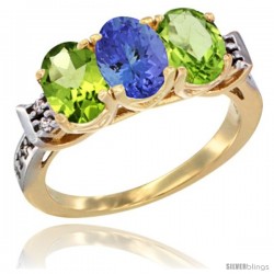 10K Yellow Gold Natural Tanzanite & Peridot Sides Ring 3-Stone Oval 7x5 mm Diamond Accent