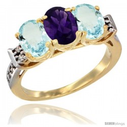 10K Yellow Gold Natural Amethyst & Aquamarine Sides Ring 3-Stone Oval 7x5 mm Diamond Accent