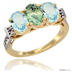 10K Yellow Gold Natural Green Amethyst & Aquamarine Sides Ring 3-Stone Oval 7x5 mm Diamond Accent