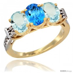 10K Yellow Gold Natural Swiss Blue Topaz & Aquamarine Sides Ring 3-Stone Oval 7x5 mm Diamond Accent