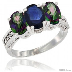 10K White Gold Natural Blue Sapphire & Mystic Topaz Sides Ring 3-Stone Oval 7x5 mm Diamond Accent