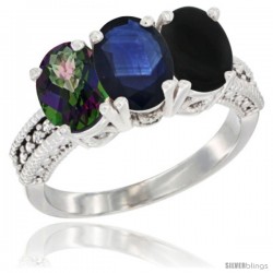 10K White Gold Natural Mystic Topaz, Blue Sapphire & Black Onyx Ring 3-Stone Oval 7x5 mm Diamond Accent