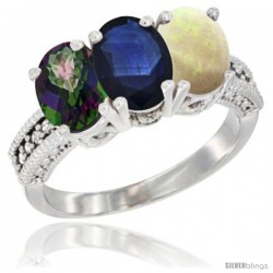 10K White Gold Natural Mystic Topaz, Blue Sapphire & Opal Ring 3-Stone Oval 7x5 mm Diamond Accent